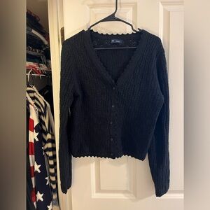 GAP Black Pointelle-Knit V-Neck Cardigan with Scalloped Trim